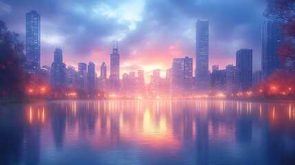 Fototapeta premium Sunset reflections shimmer vibrantly on calm water beneath glowing cityscape wallpaper image