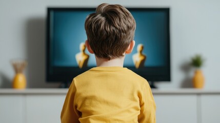 Grammy award concept, A young child in a yellow shirt watches a screen displaying two golden statuettes, highlighting themes of admiration and entertainment.