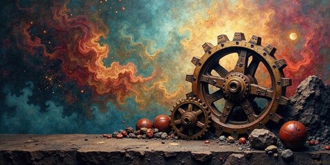 Obraz premium A cosmic landscape featuring large antiquated gears resting on a rocky surface, with small spherical objects scattered around, set against a vibrant nebula backdrop