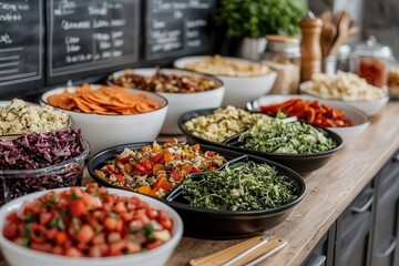 Obraz premium Food waste drives the circular economy. Colorful bowls of fresh salads on a wooden table display.