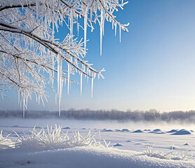 Winter panorama landscape with a snow-covered forest and trees at sunrise. A winter morning marking the beginning of a new day. Winter landscape with sunset, panoramic view