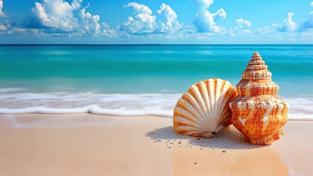 Two seashells resting on a pristine sandy beach with turquoise waves in the background. Concept of summer, nature, and coastal beauty.