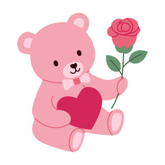 A teddy bear holding a rose in its mouth. The bear is pink and has a bow around its neck. The rose is red and has green leaves. Concept of love and affection