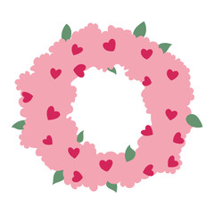 A pink flower wreath with hearts on it. The wreath is made of pink flowers and leaves