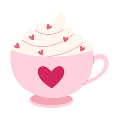A cute pink cup with a heart drawn on it and a swirl of whipped cream around it. The heart is placed in the center of the cup, and the whipped cream is spread out around it