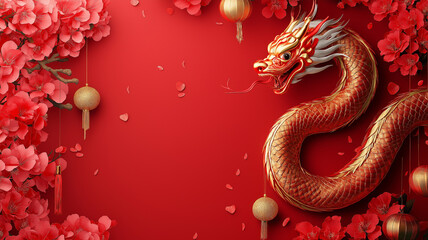 A vibrant Chinese New Year-themed design featuring traditional elements like red lanterns, gold coins, and blooming cherry blossoms, arranged artfully around a clean negative space ideal for text 