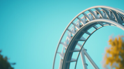 Close-up of a rollercoaster track sharply curving against a clear blue sky, capturing the excitement and thrill of amusement park rides. Dynamic and adventurous theme park concept.