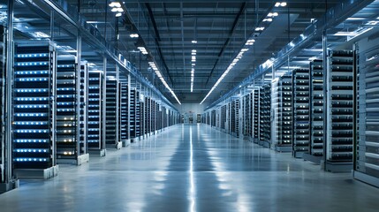 Rows of illuminated servers in a modern data center