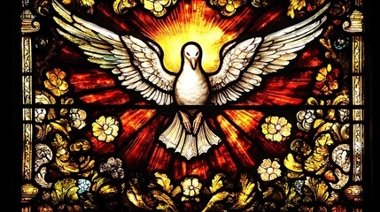 A serene stained glass representation of the Holy Spirit as a dove, glowing amidst radiant flames and beams of light,