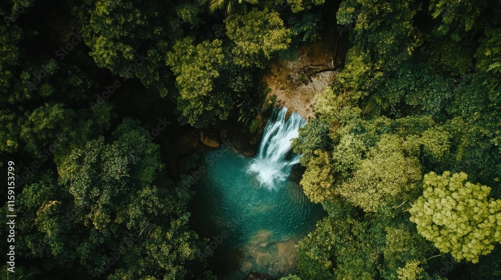Poster a serene composition of a waterfall cascading into a crystal-clear pool in a lush tropical jungle, t