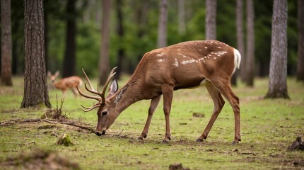 Fototapeta premium A serene wildlife portrait capturing a grazing deer in a peaceful forest clearing. The calm atmosphere, soft natural light, and rustic woodland setting highlight the beauty and innocence of nature. 