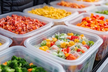 Food waste drives the circular economy. Fresh vegetables in clear containers for meal prep and display.