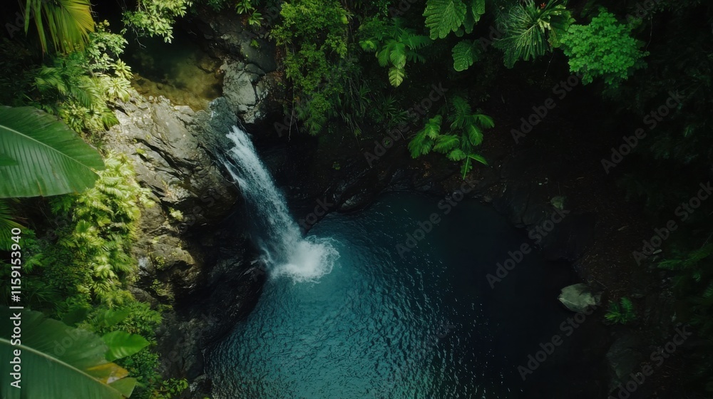 Poster a serene composition of a waterfall cascading into a crystal-clear pool in a lush tropical jungle, t