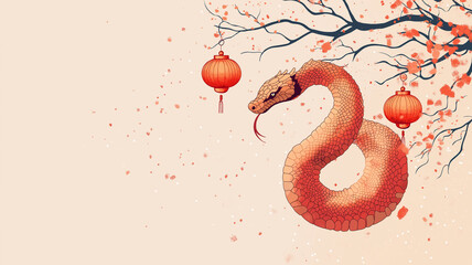 A vibrant Chinese New Year-themed design featuring traditional elements like red lanterns, gold coins, and blooming cherry blossoms, arranged artfully around a clean negative space ideal for text 