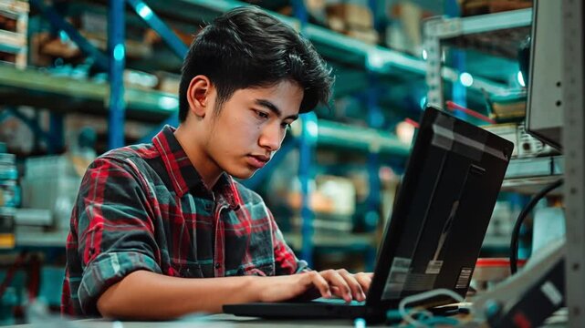 A focused Asian man using a laptop in a warehouse filled with shelves and inventory. Concept of productivity and technology-driven work environments.