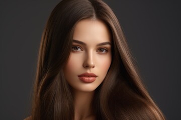 Fototapeta premium a close up of a woman with long brown hair and a black background