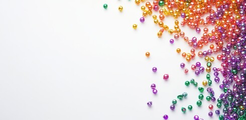 Fototapeta premium Vibrant Colorful Beads Scatter Across a White Background, Creating a Festive Atmosphere Perfect for Celebrations, Events, Crafts, and Decorative Projects