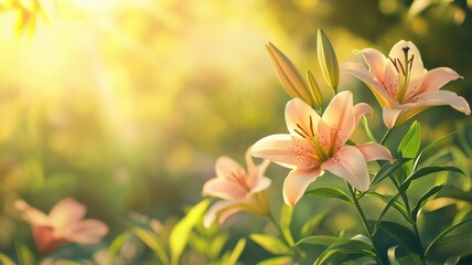 Fototapeta premium Bright Easter lilies in sunny garden, soft petals and radiant charm. Easter