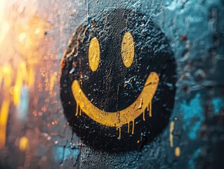 Graffiti smiley face with dripping paint on vibrant urban wall. Perfect for street art, urban...