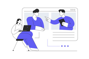 Group business team meeting and brainstorming for working concept. Remote. Flat Cartoon Vector Illustration, icon. Stylish abstract Blue 