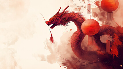 A vibrant Chinese New Year-themed design featuring traditional elements like red lanterns, gold coins, and blooming cherry blossoms, arranged artfully around a clean negative space ideal for text 