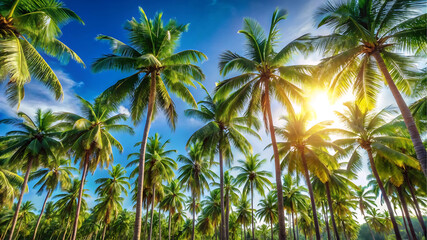 Fototapeta premium Tropical palm trees swaying under a clear blue sky, capturing serene vacation vibes