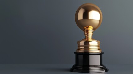 Grammy award concept, A shiny gold trophy with a spherical top, resting on a black base, against a simple gray background, symbolizing achievement and success.