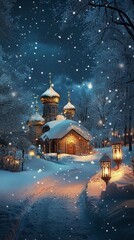 Fototapeta premium Illuminated Orthodox Church in a Winter Night Landscape, Orthodox Christmas