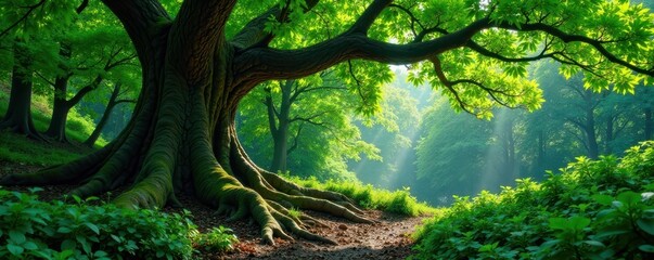 Fototapeta premium Ancient tree with sprawling roots in dense green forest , roots, foliage, ancient