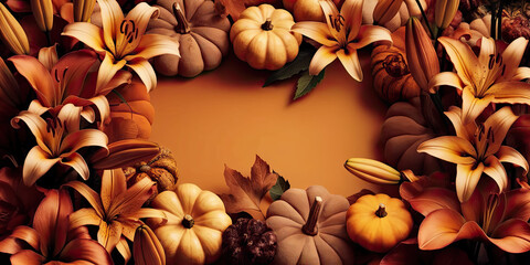 Fototapeta premium Autumnal Still Life Pumpkins Lilies Fall Leaves