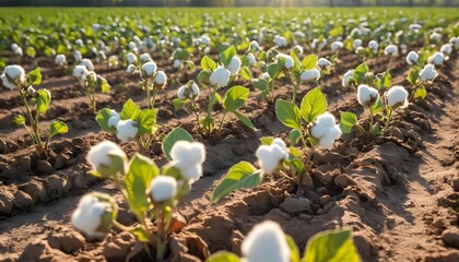 Cotton Plantation at Sunset: Rows of White Cotton Blossoms in a Field