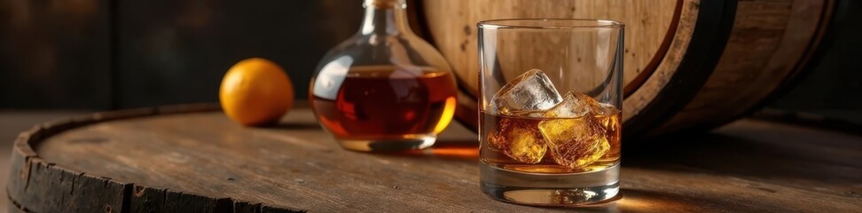 Fototapeta premium Close-up of ice-filled glass with whiskey and decanter in the background behind a wooden barrel, ice, liquid