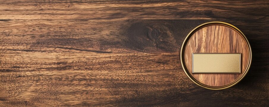 Grammy award concept, A circular wooden label sits on a textured wooden surface, showcasing a blank space for customization or labeling purposes.