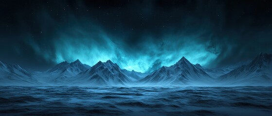 Fototapeta premium Ethereal Nighttime Landscape with Majestic Mountains and Illuminated Sky in Dusk Blue Tones