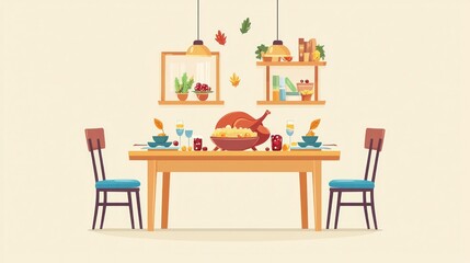 Festive Thanksgiving Dinner Table Setting with Roasted Turkey and Autumn Decorations in 2D Flat Illustration
