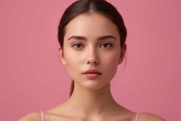 arafed woman with a pink bra top and a pink background