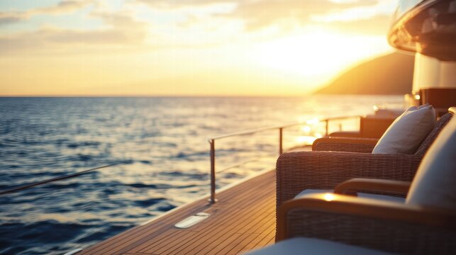 Luxurious yacht deck with elegant furniture overlooking a stunning sunset at sea. Generative AI
