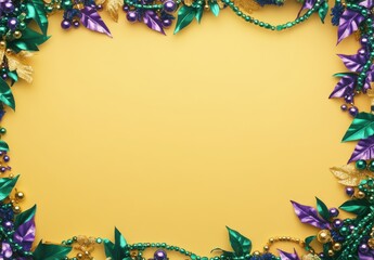Vibrant Festive Background with Colorful Green and Purple Leaves, Glittering Gold Decorations, and Shiny Beads on Bright Yellow Surface for Celebration Events