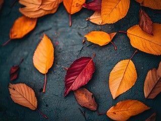 Scattered Autumn Leaves in Vibrant Orange and Red Tones on a Stone Background, Showcasing Natural Texture, Seasonal Beauty, and Warm Earthy Hues in a Serene Outdoor Setting.
