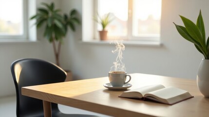 Morning Sunlight Illuminates a Warm Beverage and Open Book on a Wooden Table Beside a Modern Chair