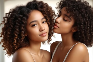 two women with curly hair are posing for a picture