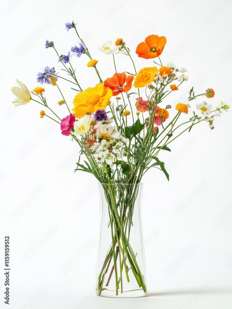 Poster Colorful wildflowers arranged in a clear glass vase on a simple background with ample space for text. Generative AI