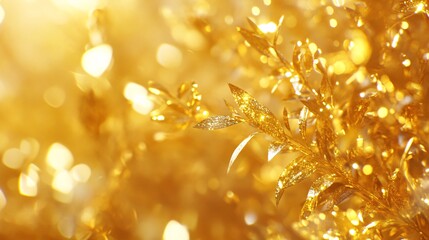 Close-up of shimmering golden leaves illuminated by soft light, creating a magical, dreamy...