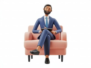3D Businessman in a Blue Suit Sitting on a Pink Armchair with a Notebook