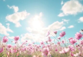Vibrant Field of Pink Wildflowers Under a Bright Blue Sky with Fluffy White Clouds and a Shimmering Sunlight Creating a Serene Natural Landscape