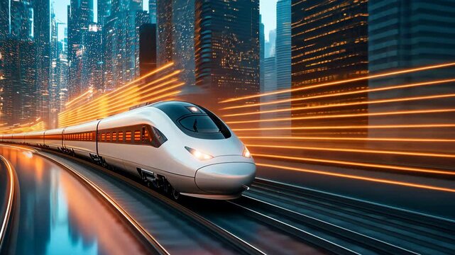 A high speed train speeds through a futuristic cityscape, with neon lines trailing behind it creating a dynamic motion blur effect