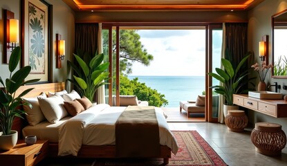 Obraz premium Luxury tropical bedroom with ocean view, natural wooden decor, and lush greenery creating a serene ambiance