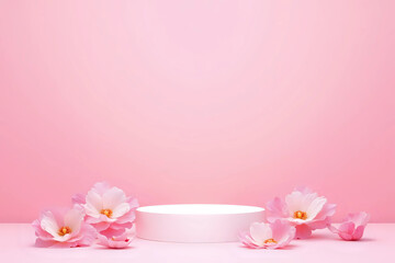Blank podium with pink roses on pink background. Showcase for product, perfume, jewelry and cosmetic presentation