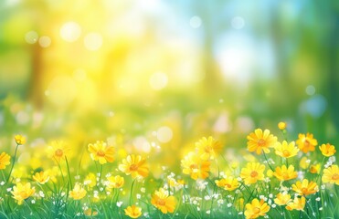 Fototapeta premium Vibrant Field of Yellow Flowers Bathed in Warm Sunlight with Gentle Bokeh Effect Creating a Whimsical Atmosphere of Spring and Renewal in Nature
