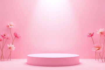 Blank podium with pink roses on pink background. Showcase for product, perfume, jewelry and cosmetic presentation
